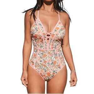 Cupshe Floral One-Piece Swimsuit XS Slim & Sculpt Pink Strappy Back NWT